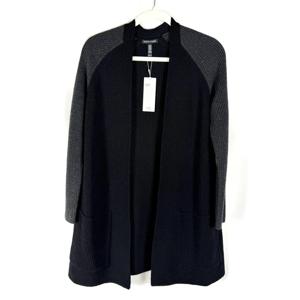 Eileen Fisher Raglan Cardigan Sweater Black Charcoal Merino Wool Women Sz XXS